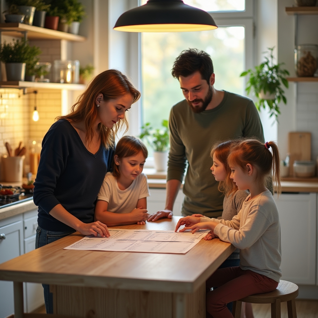 Familie plant gemeinsam den Wochenspeiseplan in einer österreichischen Küche