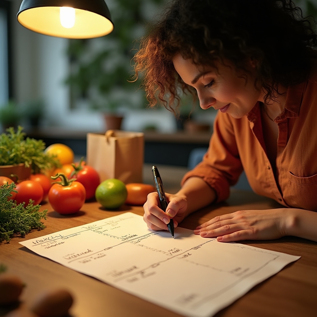 Wochenplan auf Papier mit Einkaufsliste und Stift