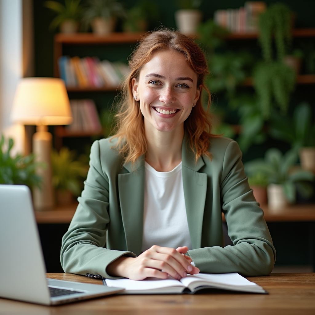 Anna, Redaktionsleiterin bei Melbrantis, lächelnd im Büro